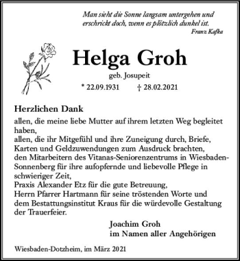 Traueranzeige von Helga Groh von vrm-trauer