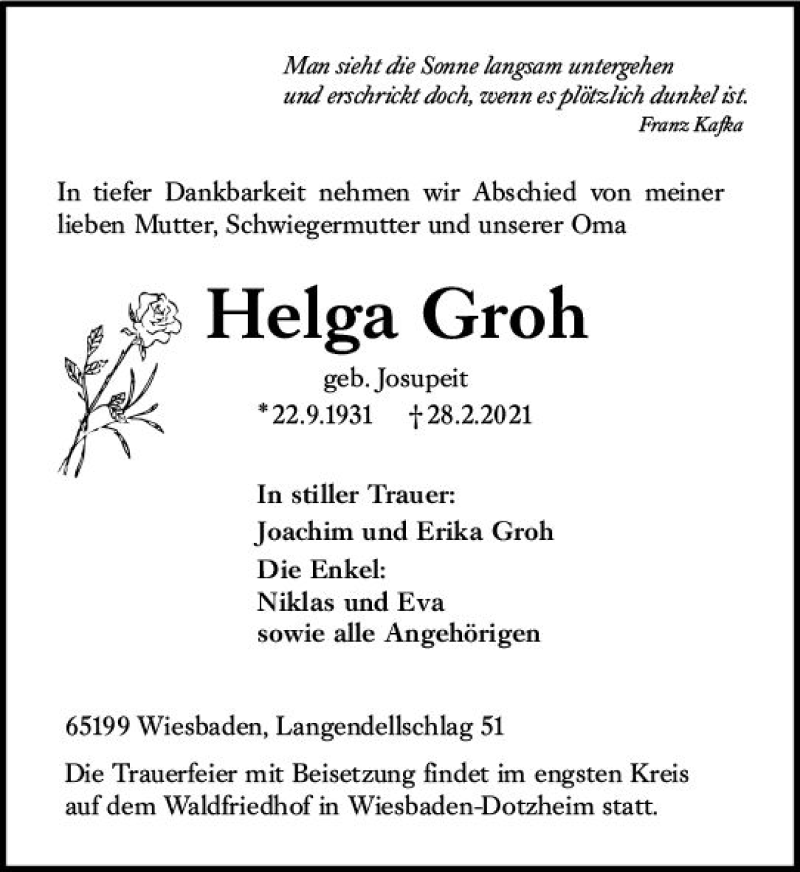  Traueranzeige für Helga Groh vom 06.03.2021 aus vrm-trauer