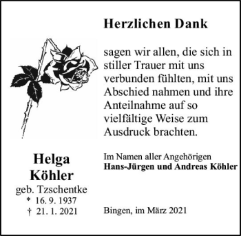 Traueranzeige von Helga Köhler von vrm-trauer