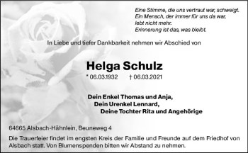 Traueranzeige von Helga Schulz von vrm-trauer