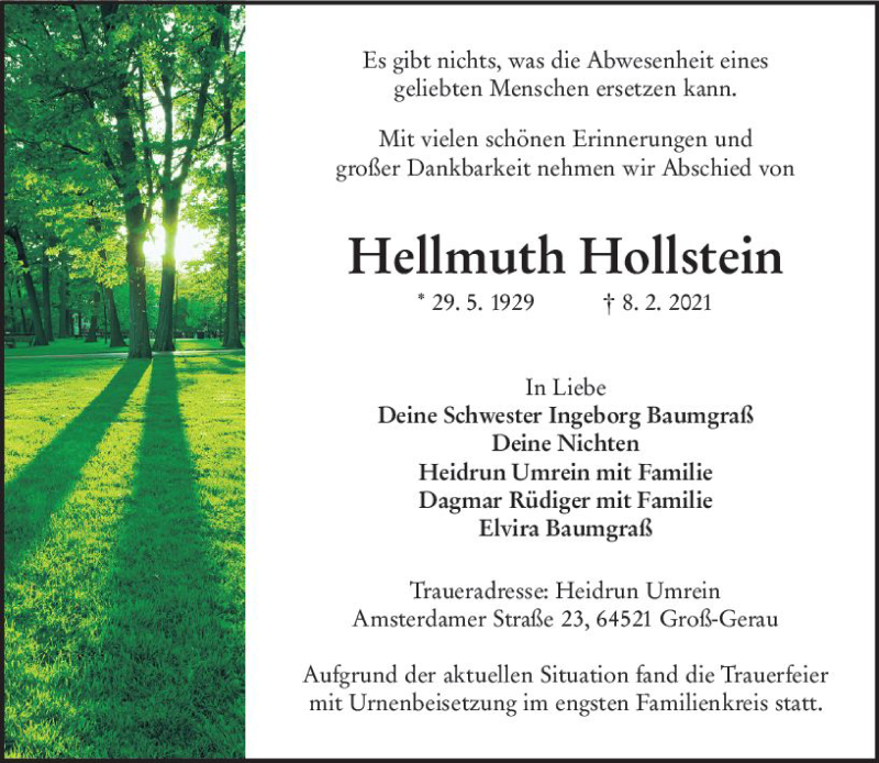  Traueranzeige für Hellmuth Hollstein vom 13.03.2021 aus vrm-trauer