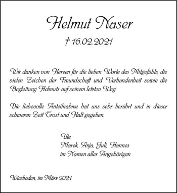 Traueranzeige von Helmut Naser von vrm-trauer