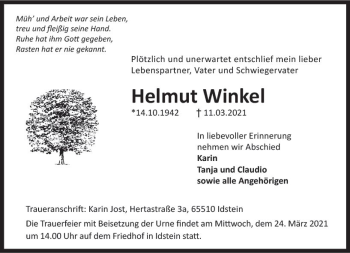 Traueranzeige von Helmut Winkel von vrm-trauer