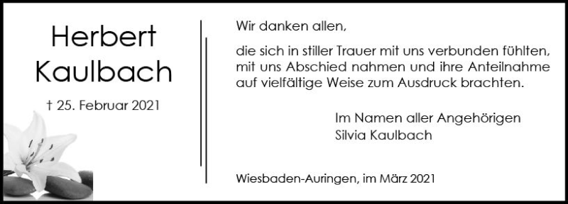  Traueranzeige für Herbert Kaulbach vom 20.03.2021 aus vrm-trauer