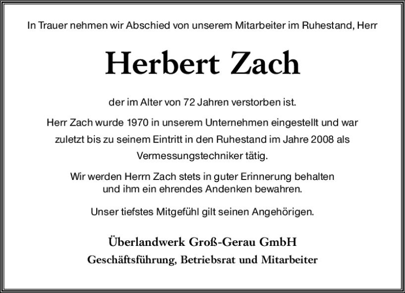  Traueranzeige für Herbert Zach vom 20.03.2021 aus vrm-trauer