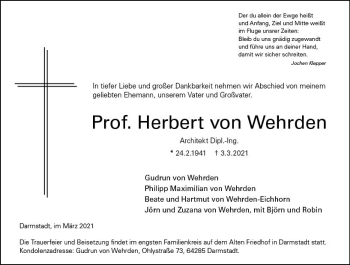 Traueranzeige von Herbert von Wehrden von vrm-trauer
