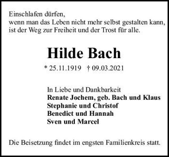 Traueranzeige von Hilde Bach von vrm-trauer