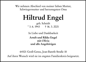 Traueranzeige von Hiltrud Engel von vrm-trauer