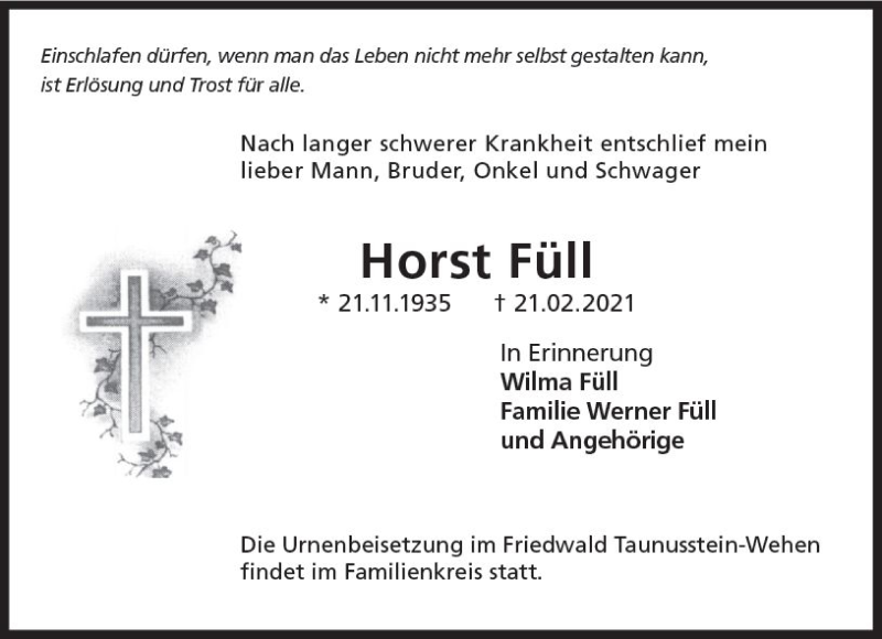  Traueranzeige für Horst Füll vom 06.03.2021 aus vrm-trauer