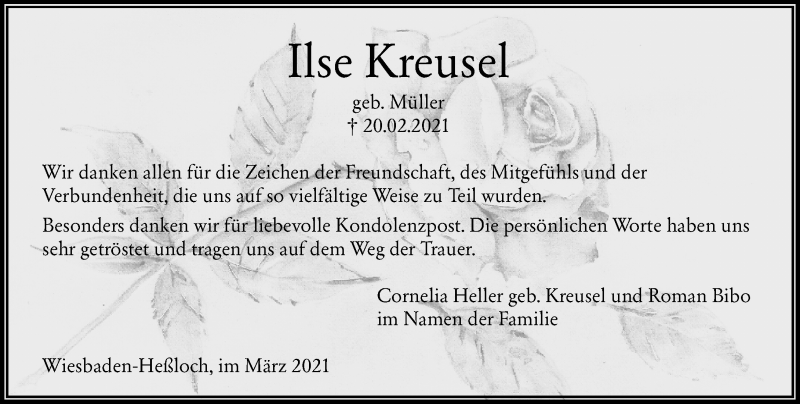  Traueranzeige für Ilse Kreusel vom 27.03.2021 aus vrm-trauer