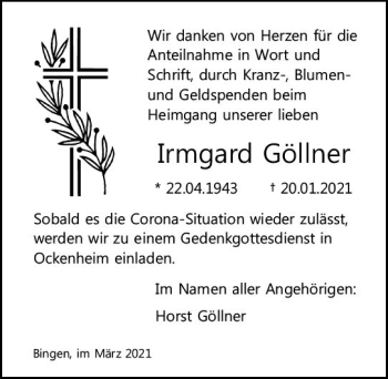 Traueranzeige von Irmgard Gönner von vrm-trauer