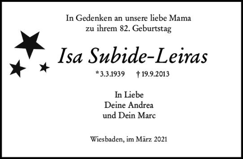  Traueranzeige für Isa Subide-Leiras vom 03.03.2021 aus vrm-trauer