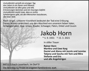 Traueranzeige von Jakob Horn von vrm-trauer