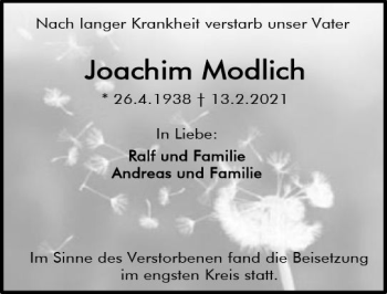 Traueranzeige von Joachim Modlich von vrm-trauer