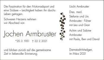 Traueranzeige von Jochen Armbruster von vrm-trauer