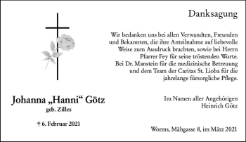 Traueranzeige von Johanna Götz von vrm-trauer