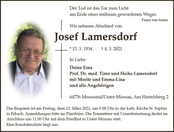 Traueranzeige von Josef Lamersdorf von vrm-trauer