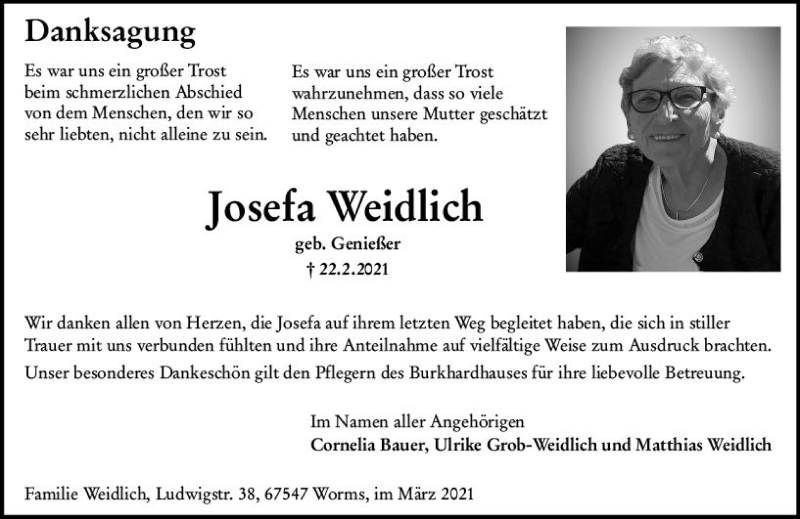  Traueranzeige für Josefa Weidlich vom 20.03.2021 aus vrm-trauer