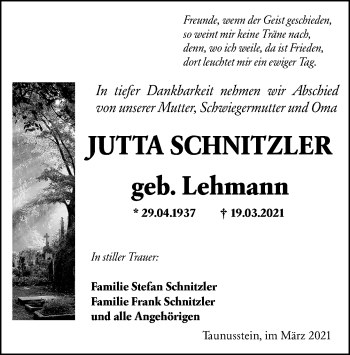 Traueranzeige von Jutta Schnitzler von vrm-trauer
