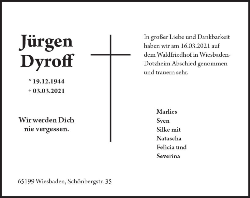  Traueranzeige für Jürgen Dyroff vom 20.03.2021 aus vrm-trauer