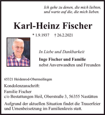 Traueranzeige von Karl-Heinz Fischer von vrm-trauer