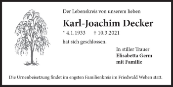 Traueranzeige von Karl-Joachim Decker von vrm-trauer