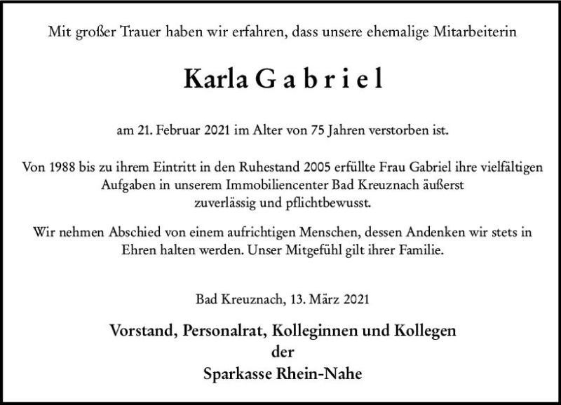  Traueranzeige für Karla Gabriel vom 13.03.2021 aus vrm-trauer