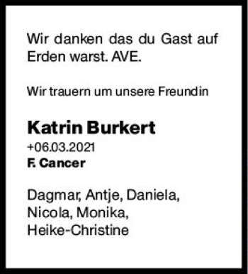Traueranzeige von Katrin Burkert von vrm-trauer