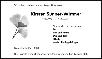 Traueranzeige von Kirsten Sünner-Wittmer von vrm-trauer