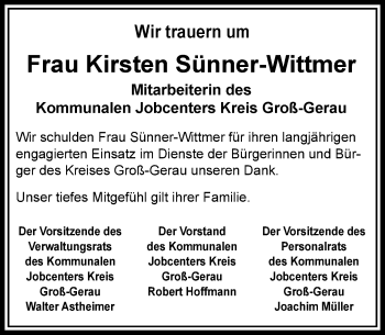 Traueranzeige von Kirsten Sünner-Wittmer von vrm-trauer