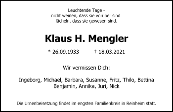 Traueranzeige von Klaus H. Mengler von vrm-trauer