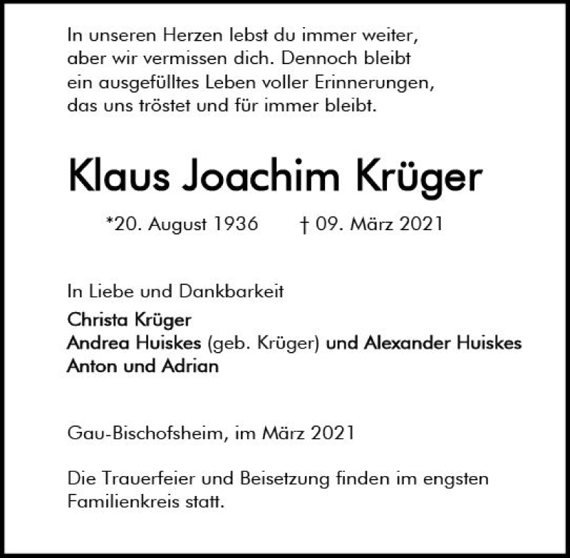  Traueranzeige für Klaus Joachim Krüger vom 13.03.2021 aus vrm-trauer