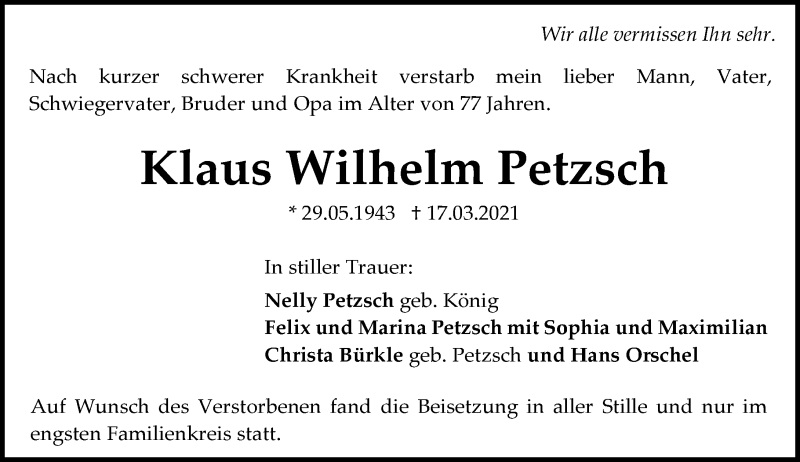  Traueranzeige für Klaus Wilhelm Petzsch vom 27.03.2021 aus vrm-trauer