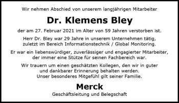Traueranzeige von Klemens Bley von vrm-trauer
