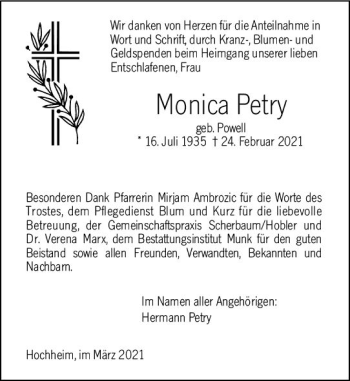 Traueranzeige von Konica Petry von vrm-trauer