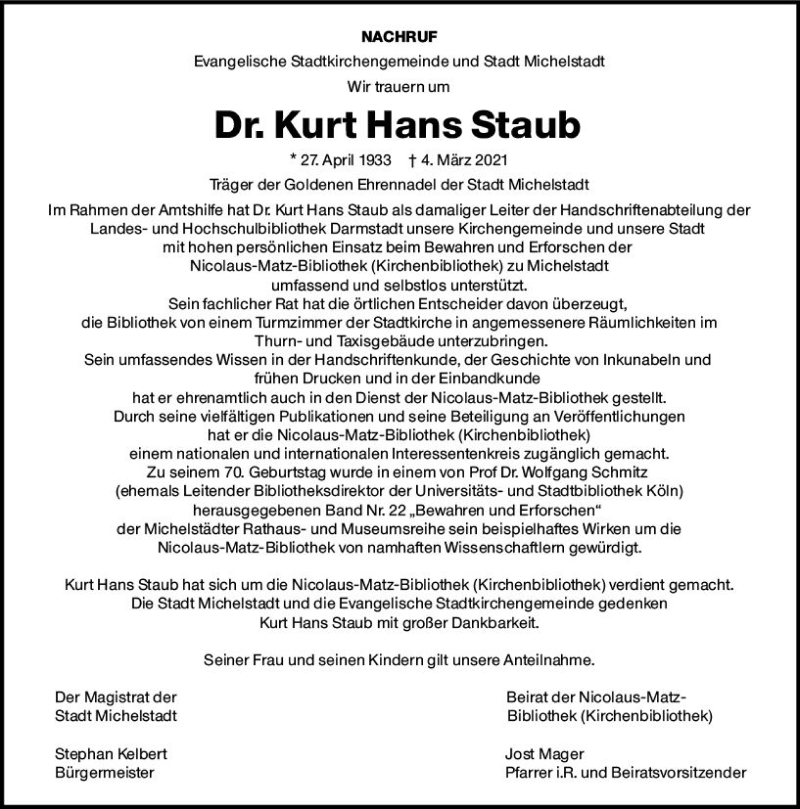  Traueranzeige für Kurt Hans Staub vom 20.03.2021 aus vrm-trauer