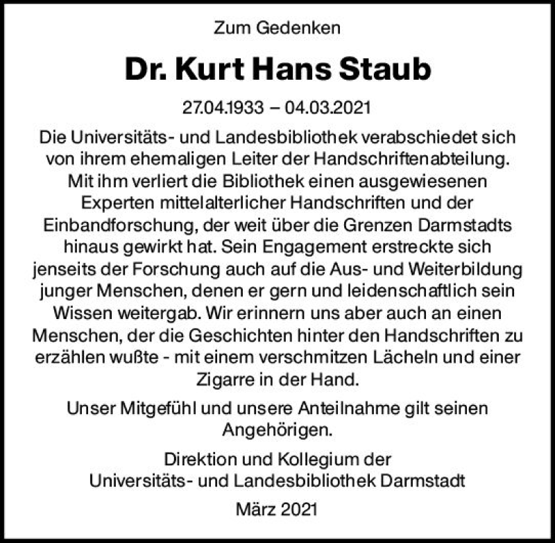  Traueranzeige für Kurt Hans Staub vom 17.03.2021 aus vrm-trauer