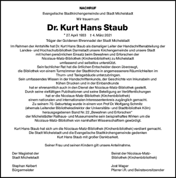 Traueranzeige von Kurt Hans Staub von vrm-trauer