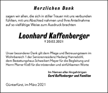Traueranzeige von Leonhard Kaffenberger von vrm-trauer