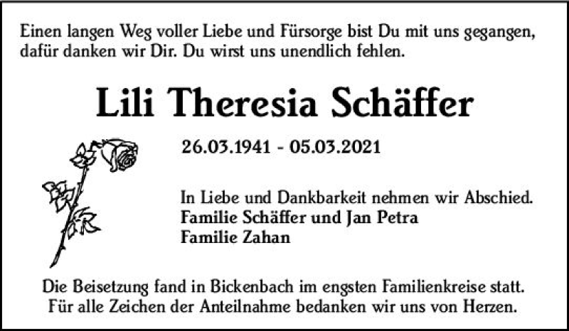  Traueranzeige für Lili Theresia Schäffer vom 24.03.2021 aus vrm-trauer