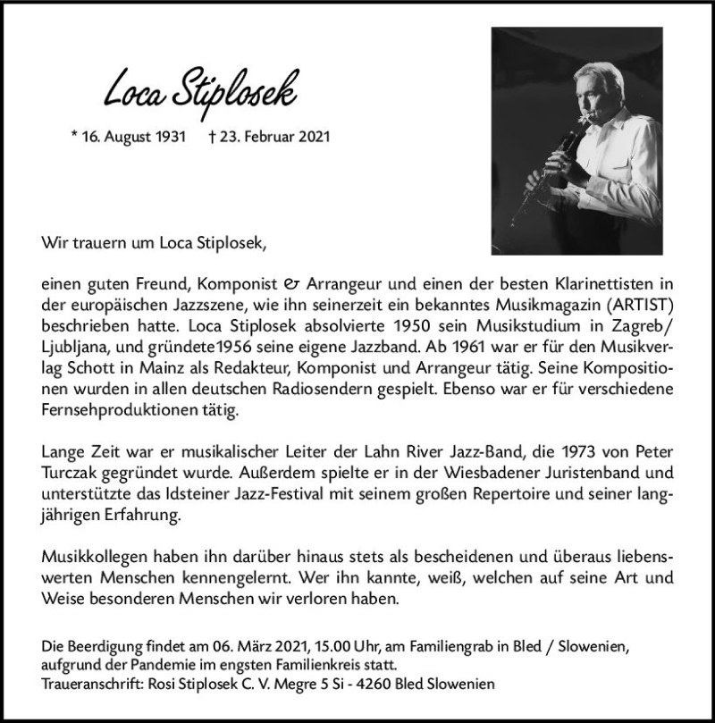  Traueranzeige für Loca Stiplosek vom 06.03.2021 aus vrm-trauer