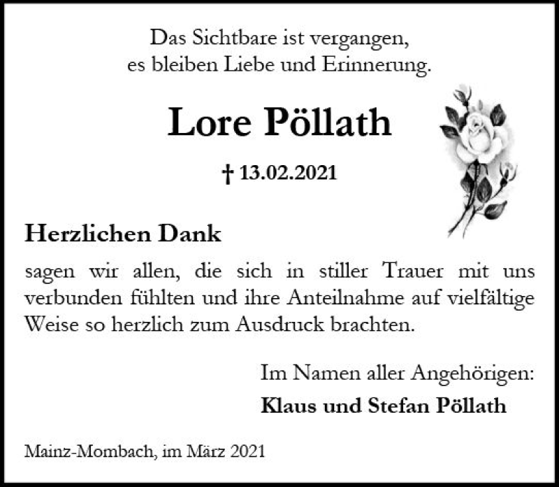  Traueranzeige für Lore Pöllath vom 06.03.2021 aus vrm-trauer