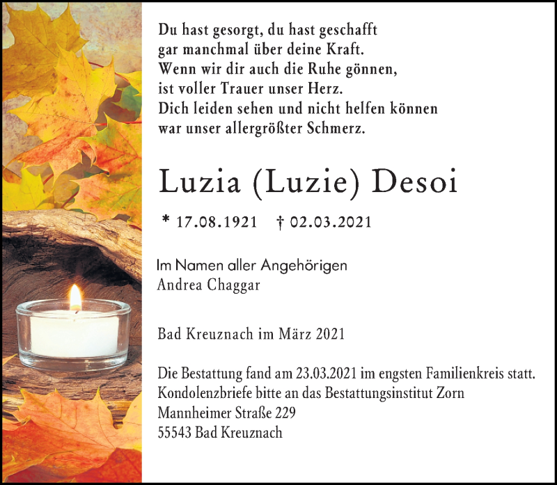  Traueranzeige für Luzia  Desoi vom 27.03.2021 aus vrm-trauer