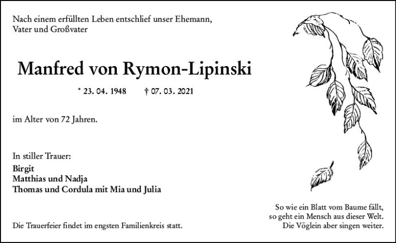  Traueranzeige für Manfred von Rymon-Lipinski vom 13.03.2021 aus vrm-trauer