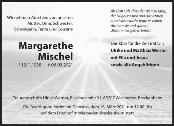 Traueranzeige von Margarethe Mischel von vrm-trauer
