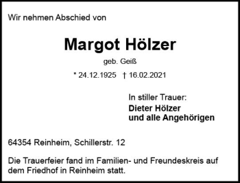 Traueranzeige von Margot Hölzer von vrm-trauer