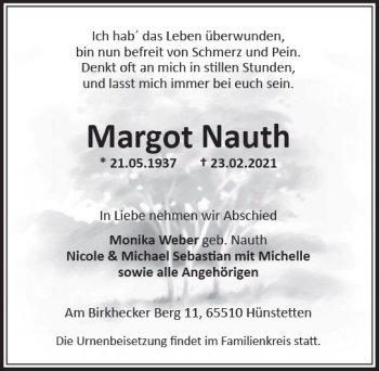 Traueranzeige von Margot Nauth von vrm-trauer