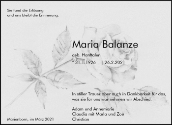 Traueranzeige von Maria Balanze von vrm-trauer