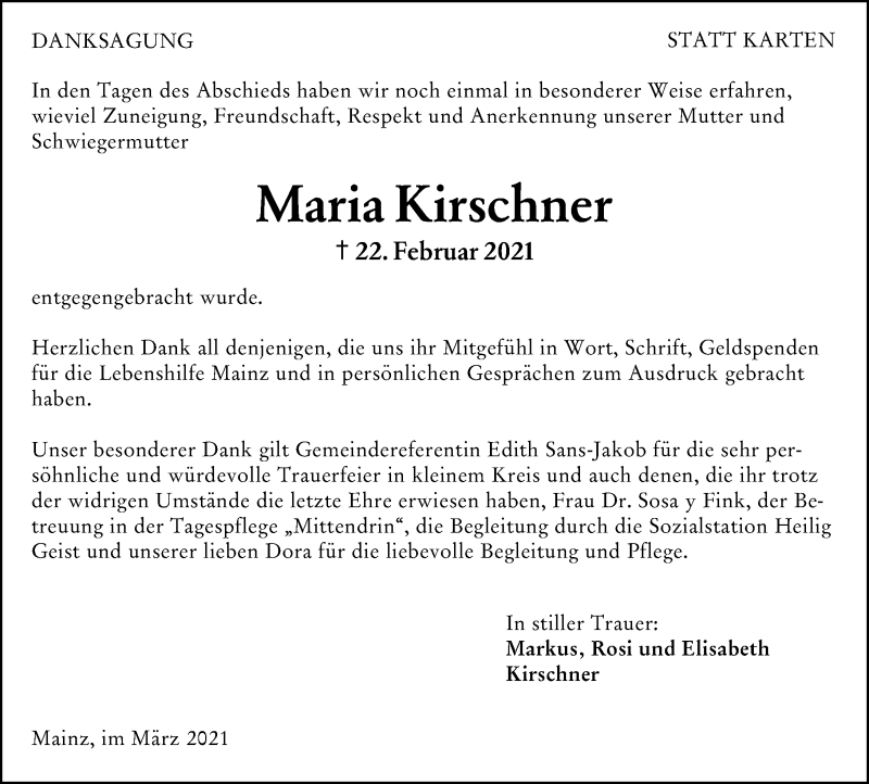  Traueranzeige für Maria Kirschner vom 27.03.2021 aus vrm-trauer