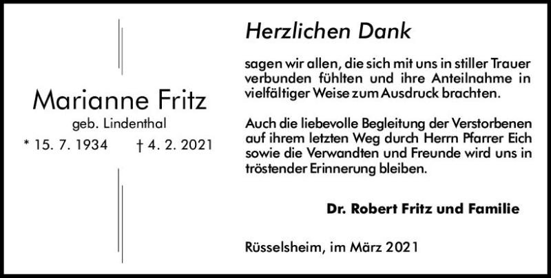 Traueranzeige für Marianne Fritz vom 06.03.2021 aus vrm-trauer